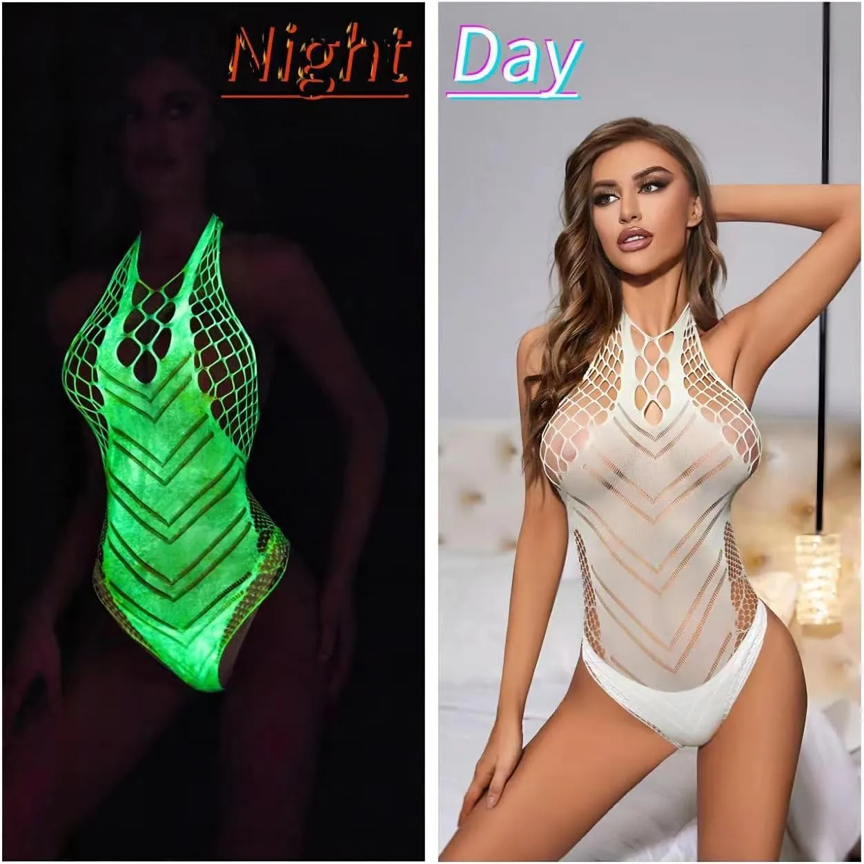 DTWAWA Glow in the Dark Sexy White Fishnet Stockings, Stylish Bodysuit Leggings for Womens Party