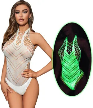 DTWAWA Glow in the Dark Sexy White Fishnet Stockings, Stylish Bodysuit Leggings for Womens Party