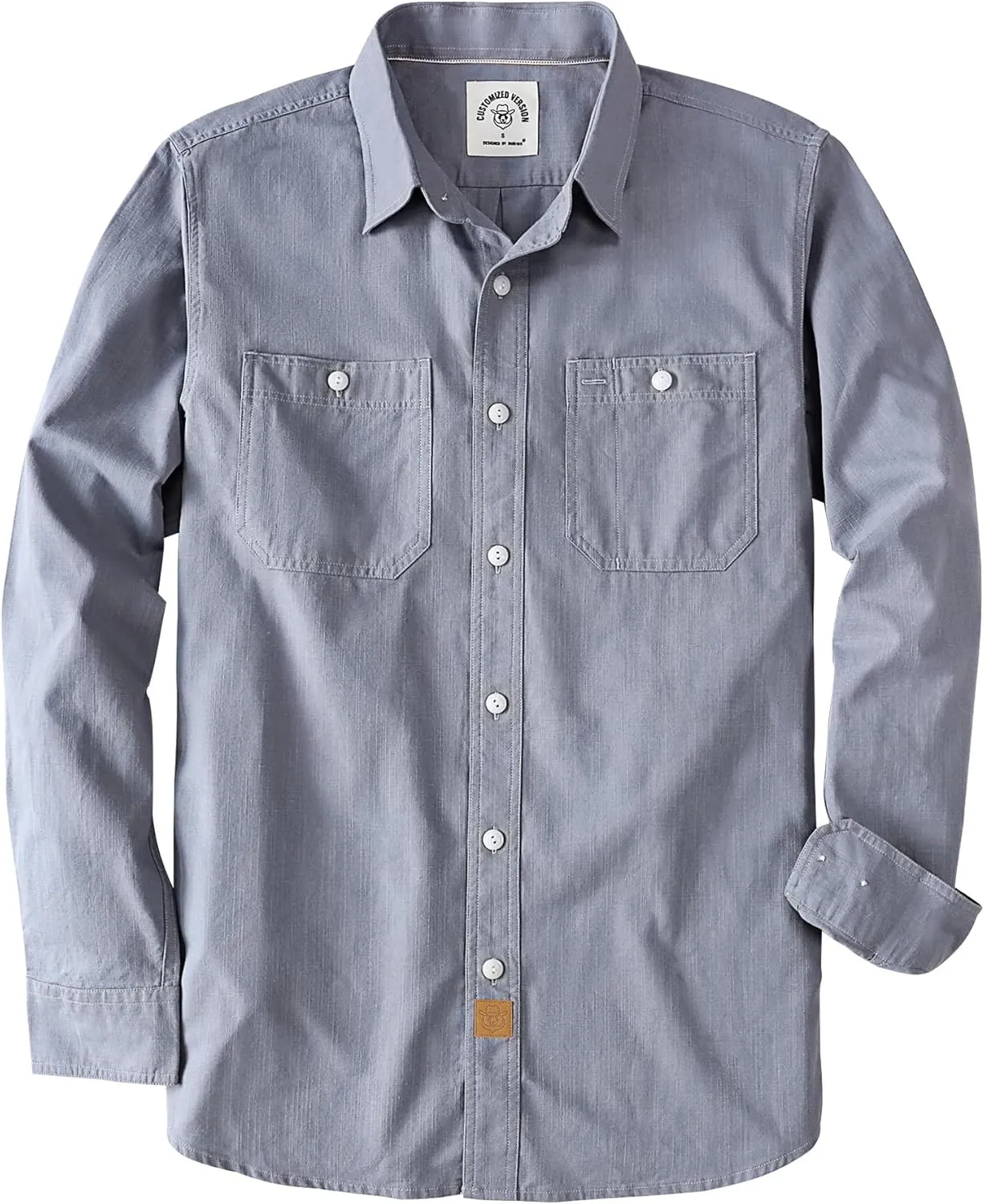 Dubinik Chambray Shirt Men Long Sleeve Cotton Work Shirts with 2 Pockets Casual Button Down
