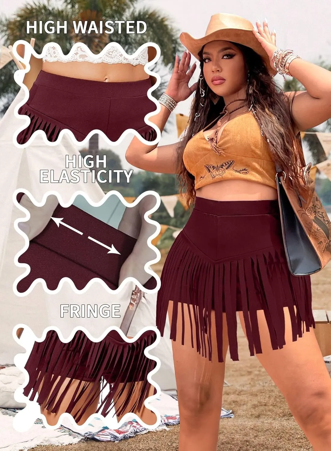 Ella Lust Womens Plus Size Cowgirl Fringe Shorts - Western Country Concert Outfits Tassel Skirt High Waisted Booty Bottoms