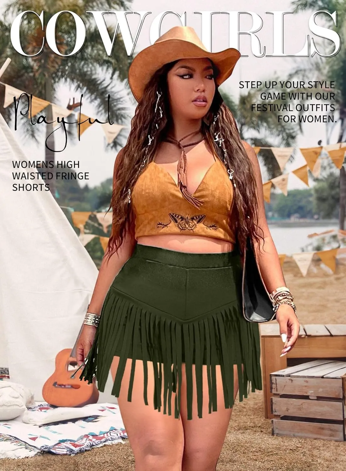 Ella Lust Womens Plus Size Cowgirl Fringe Shorts - Western Country Concert Outfits Tassel Skirt High Waisted Booty Bottoms