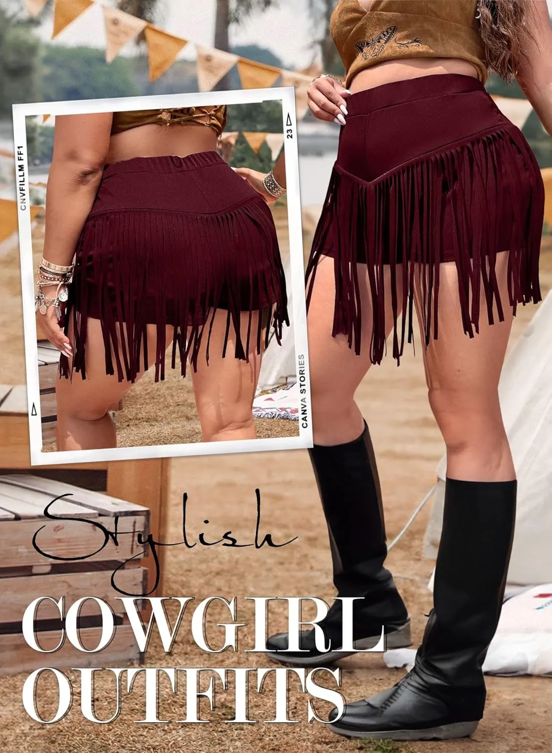 Ella Lust Womens Plus Size Cowgirl Fringe Shorts - Western Country Concert Outfits Tassel Skirt High Waisted Booty Bottoms