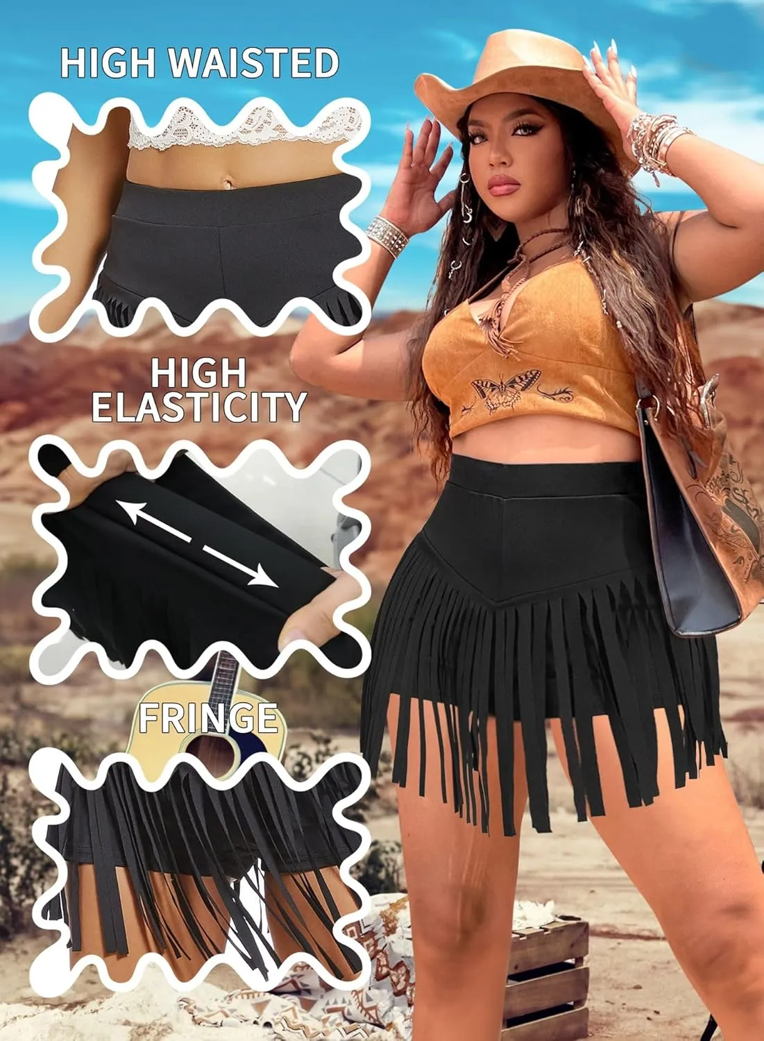 Ella Lust Womens Plus Size Cowgirl Fringe Shorts - Western Country Concert Outfits Tassel Skirt High Waisted Booty Bottoms