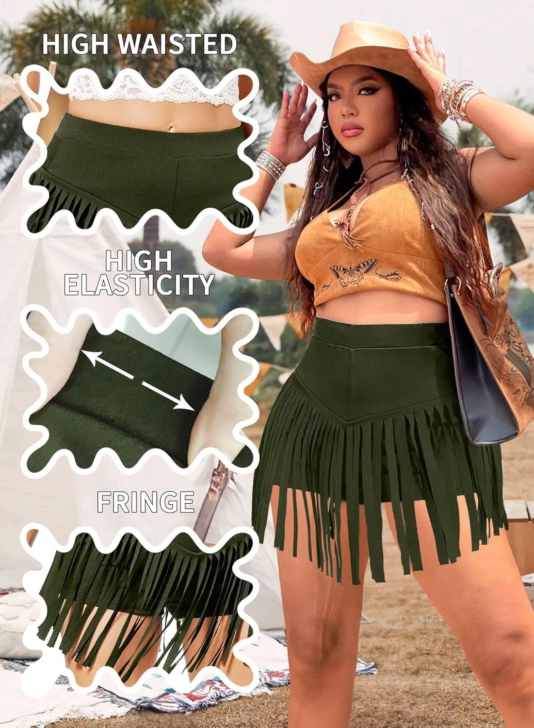 Ella Lust Womens Plus Size Cowgirl Fringe Shorts - Western Country Concert Outfits Tassel Skirt High Waisted Booty Bottoms