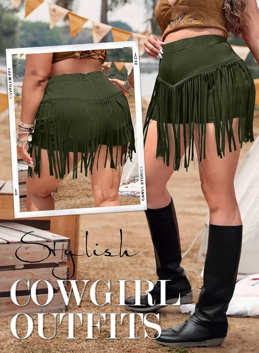 Ella Lust Womens Plus Size Cowgirl Fringe Shorts - Western Country Concert Outfits Tassel Skirt High Waisted Booty Bottoms