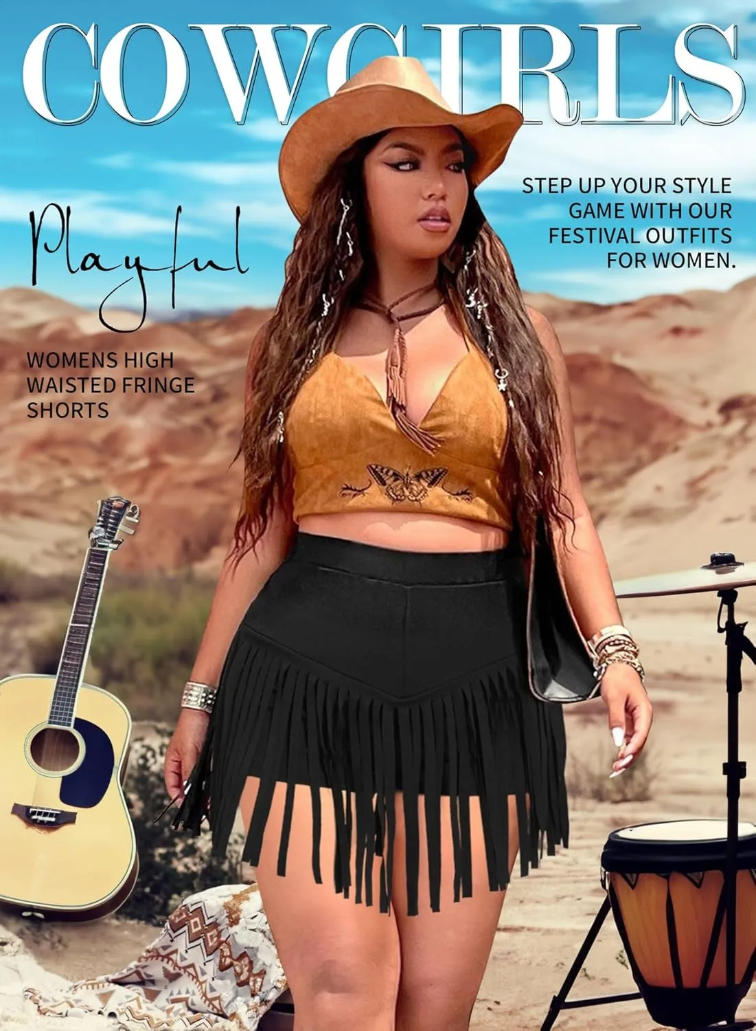 Ella Lust Womens Plus Size Cowgirl Fringe Shorts - Western Country Concert Outfits Tassel Skirt High Waisted Booty Bottoms
