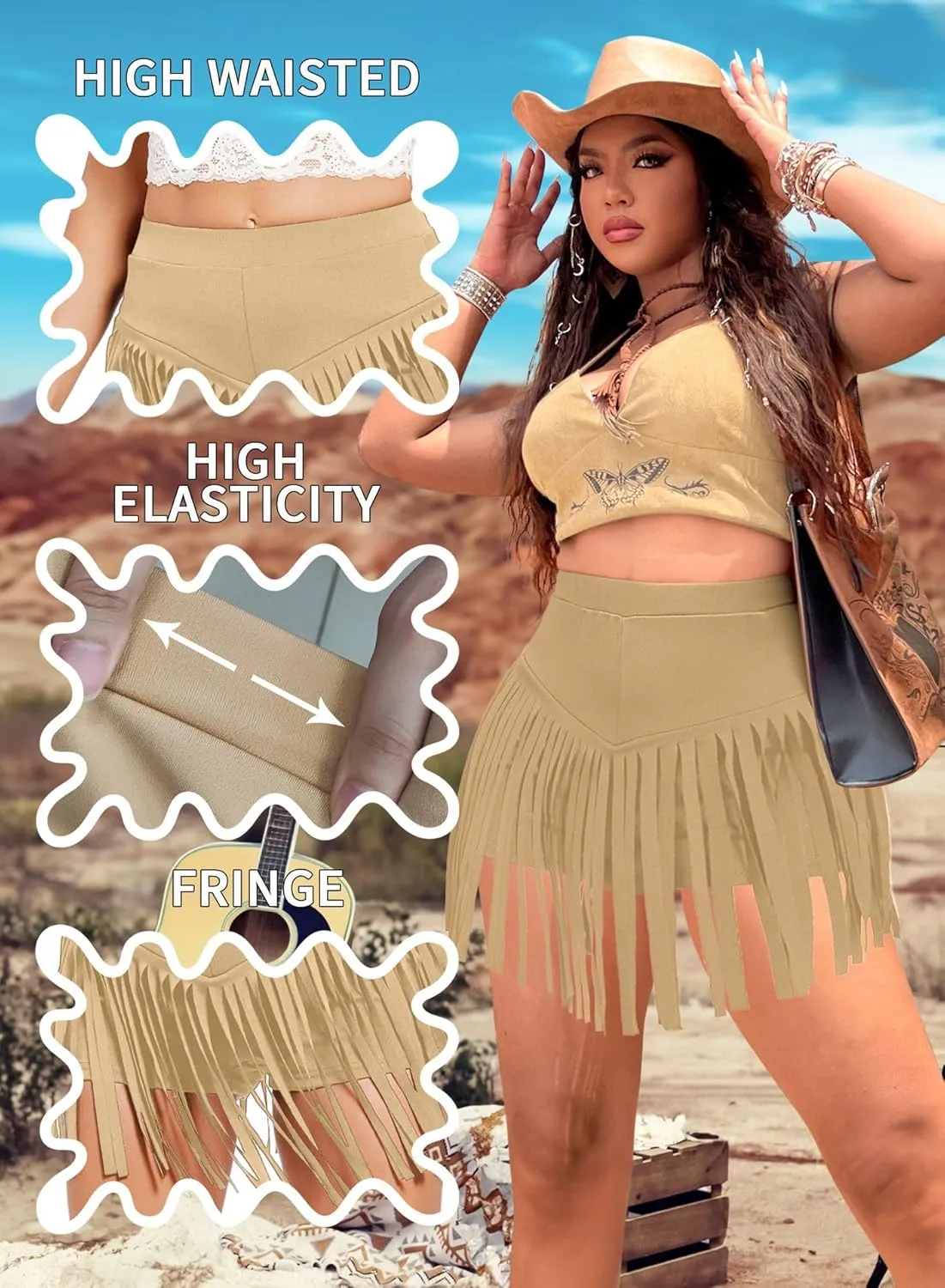 Ella Lust Womens Plus Size Cowgirl Fringe Shorts - Western Country Concert Outfits Tassel Skirt High Waisted Booty Bottoms
