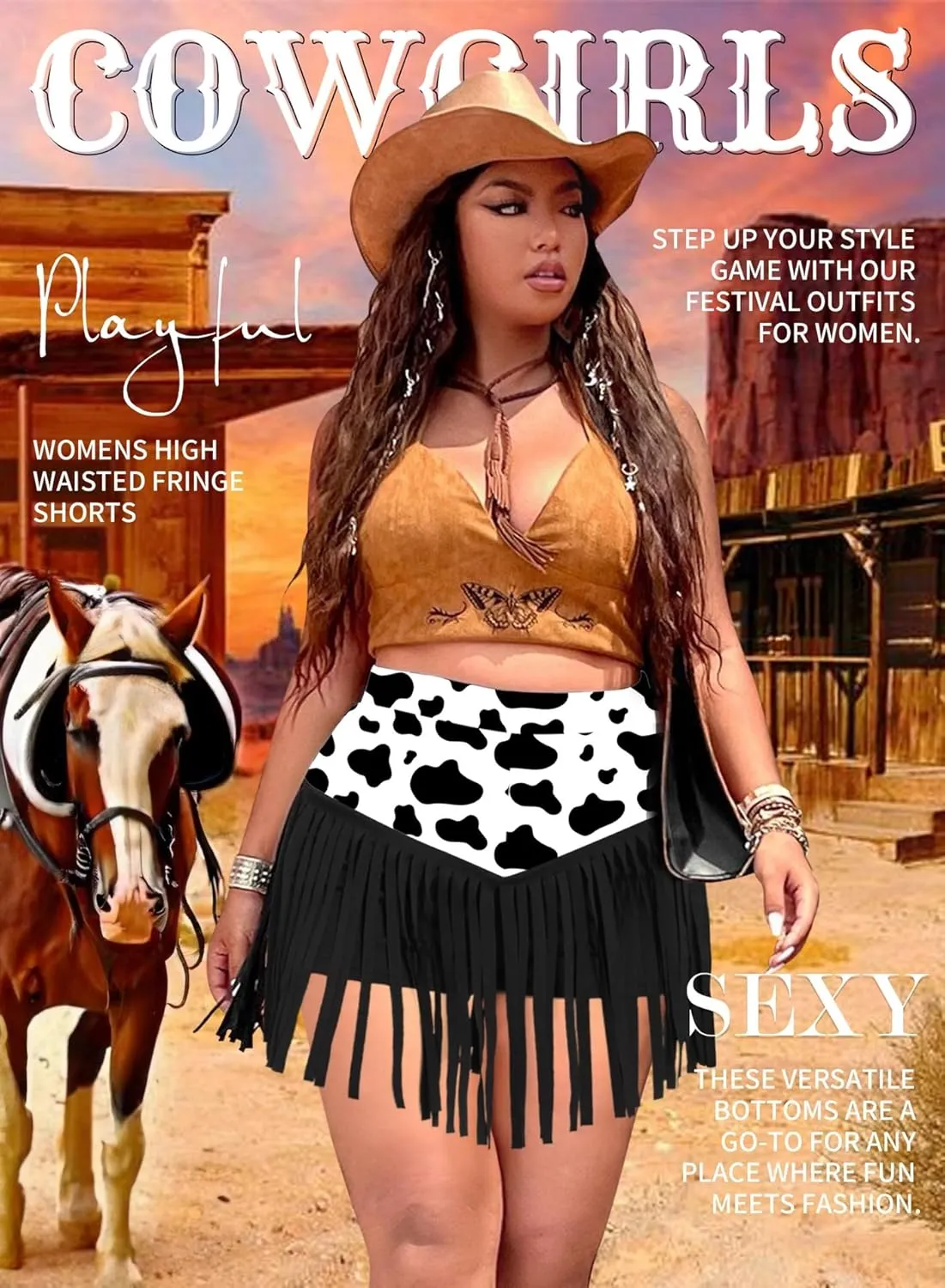 Ella Lust Womens Plus Size Cowgirl Fringe Shorts - Western Country Concert Outfits Tassel Skirt High Waisted Booty Bottoms