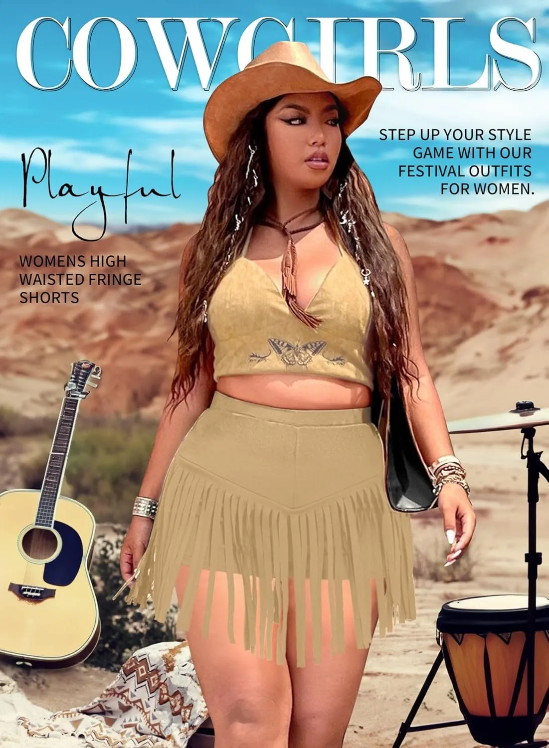 Ella Lust Womens Plus Size Cowgirl Fringe Shorts - Western Country Concert Outfits Tassel Skirt High Waisted Booty Bottoms
