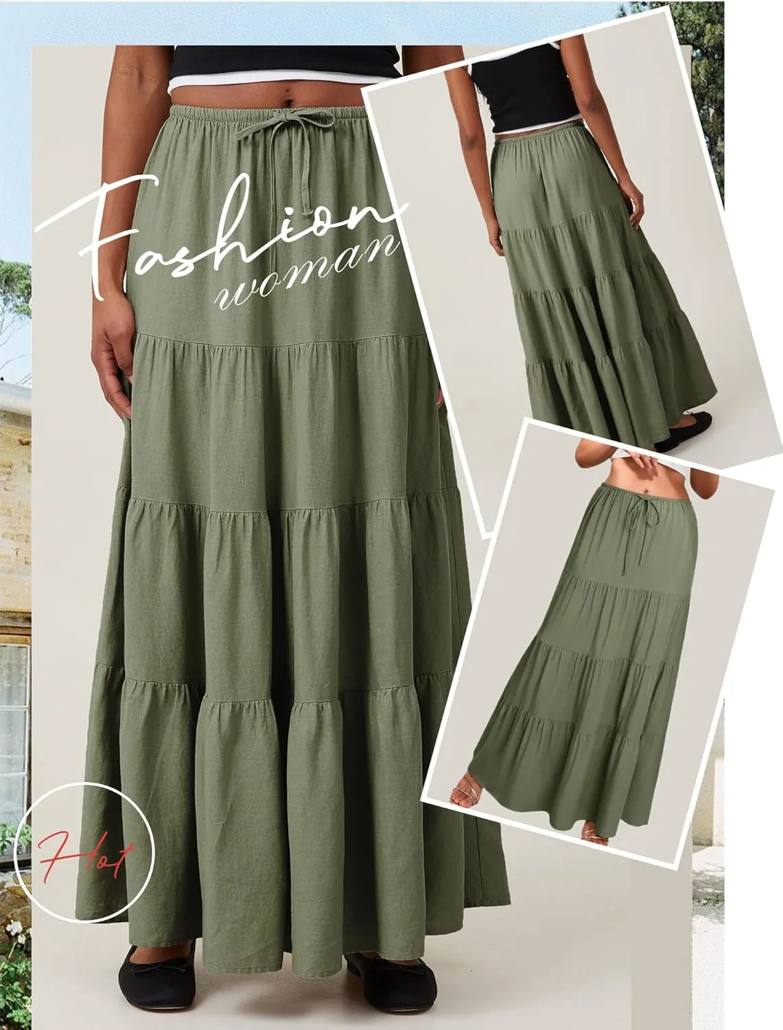 Ezcosplay Women Ruffle Tiered Cotton Maxi Skirt Drawstring Elastic High Waisted Pleated A Line Swing Long Skirts