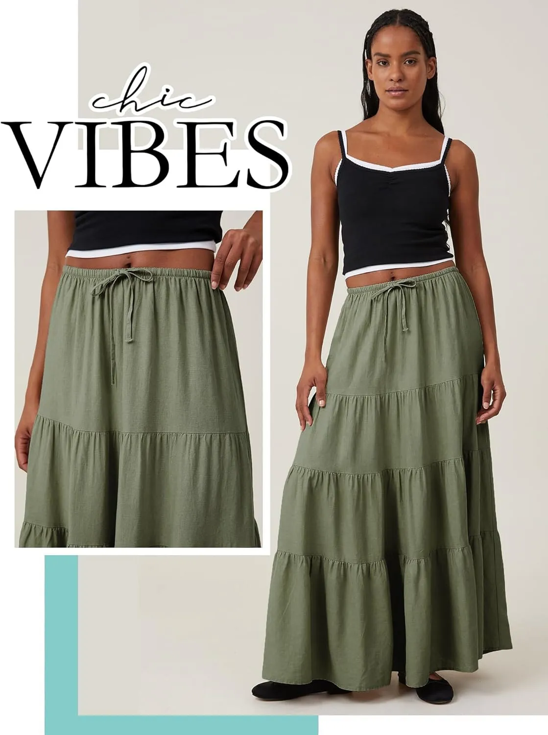 Ezcosplay Women Ruffle Tiered Cotton Maxi Skirt Drawstring Elastic High Waisted Pleated A Line Swing Long Skirts