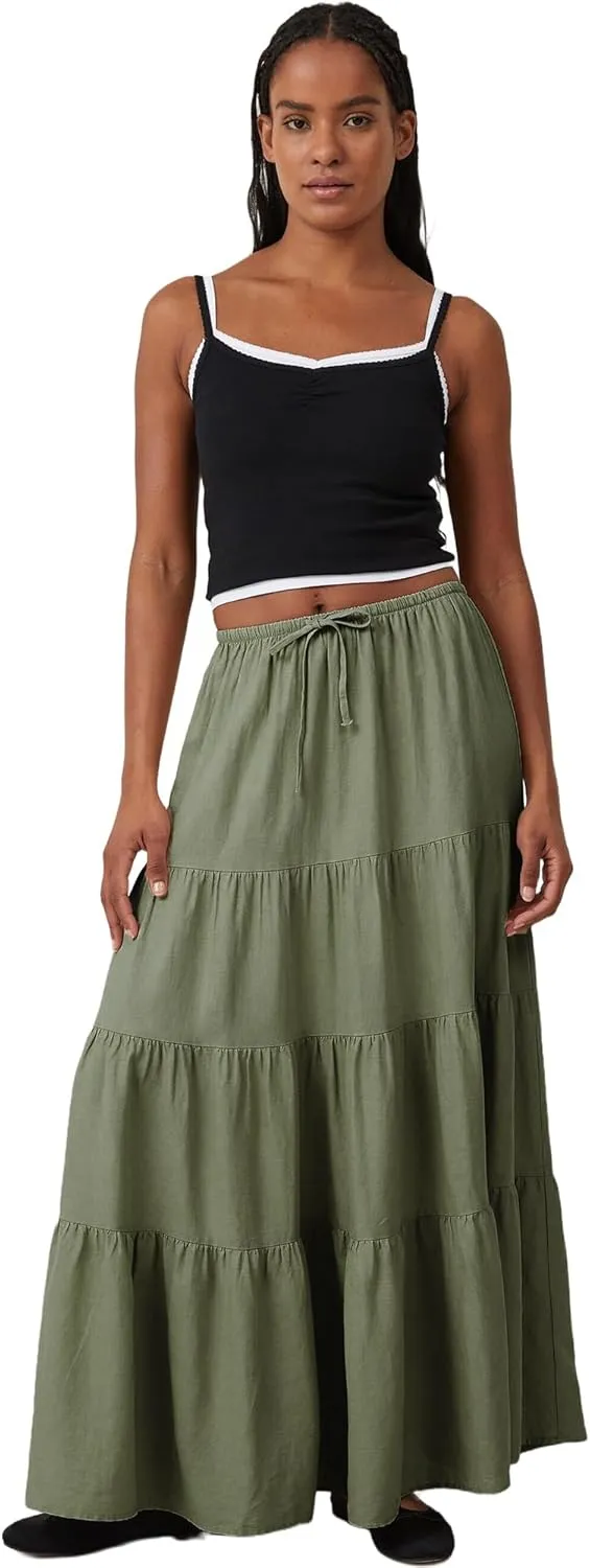Ezcosplay Women Ruffle Tiered Cotton Maxi Skirt Drawstring Elastic High Waisted Pleated A Line Swing Long Skirts