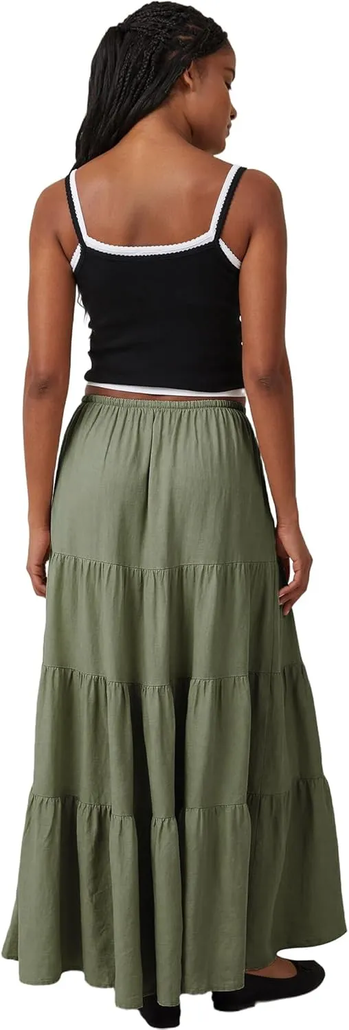 Ezcosplay Women Ruffle Tiered Cotton Maxi Skirt Drawstring Elastic High Waisted Pleated A Line Swing Long Skirts