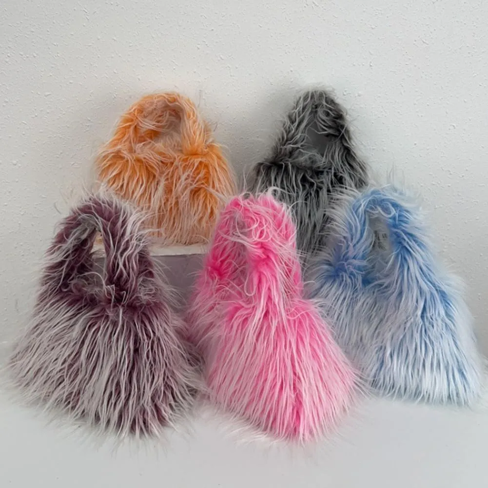 Faux Fur Fluffy Hobo Bag Furry Handbag Purse Y2K Fuzzy Tote Bag,Trendy Cute Plush Purse Women Punk-Style Shoulder Bag, Orange