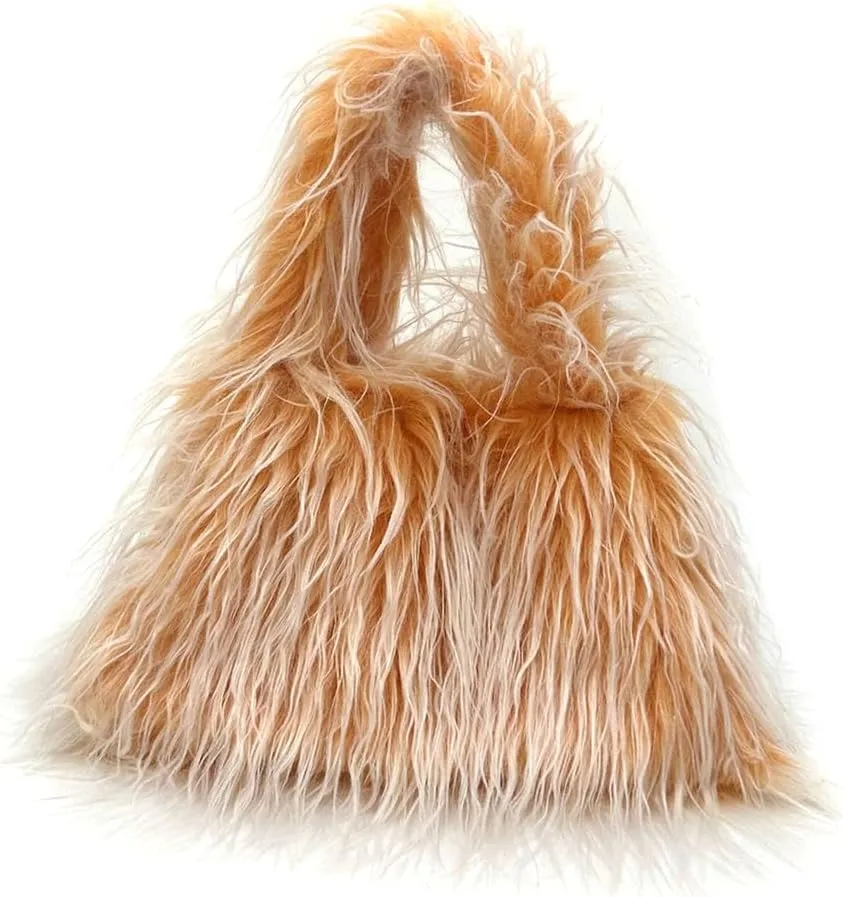 Faux Fur Fluffy Hobo Bag Furry Handbag Purse Y2K Fuzzy Tote Bag,Trendy Cute Plush Purse Women Punk-Style Shoulder Bag, Orange