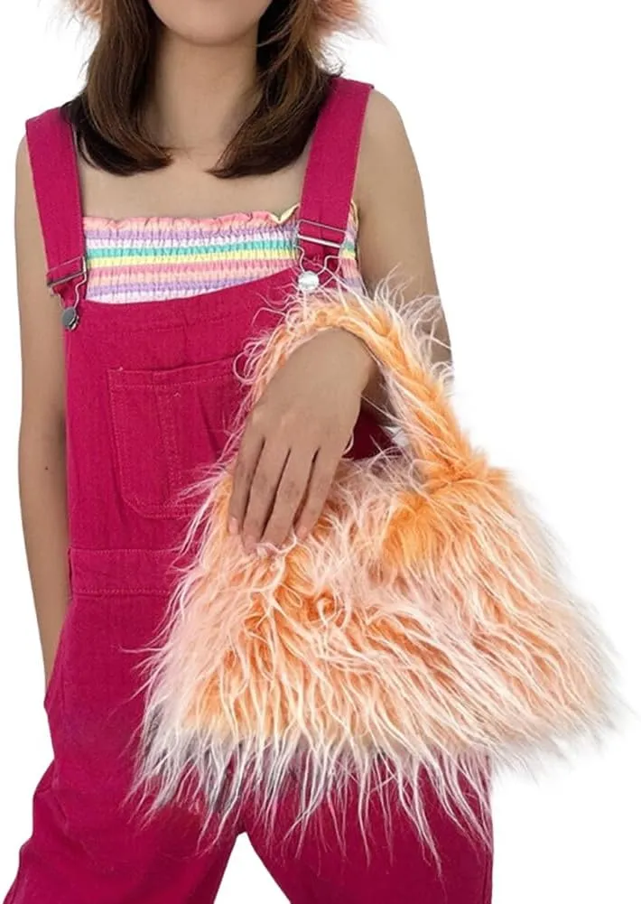 Faux Fur Fluffy Hobo Bag Furry Handbag Purse Y2K Fuzzy Tote Bag,Trendy Cute Plush Purse Women Punk-Style Shoulder Bag, Orange