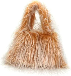 Faux Fur Fluffy Hobo Bag Furry Handbag Purse Y2K Fuzzy Tote Bag,Trendy Cute Plush Purse Women Punk-Style Shoulder Bag, Orange