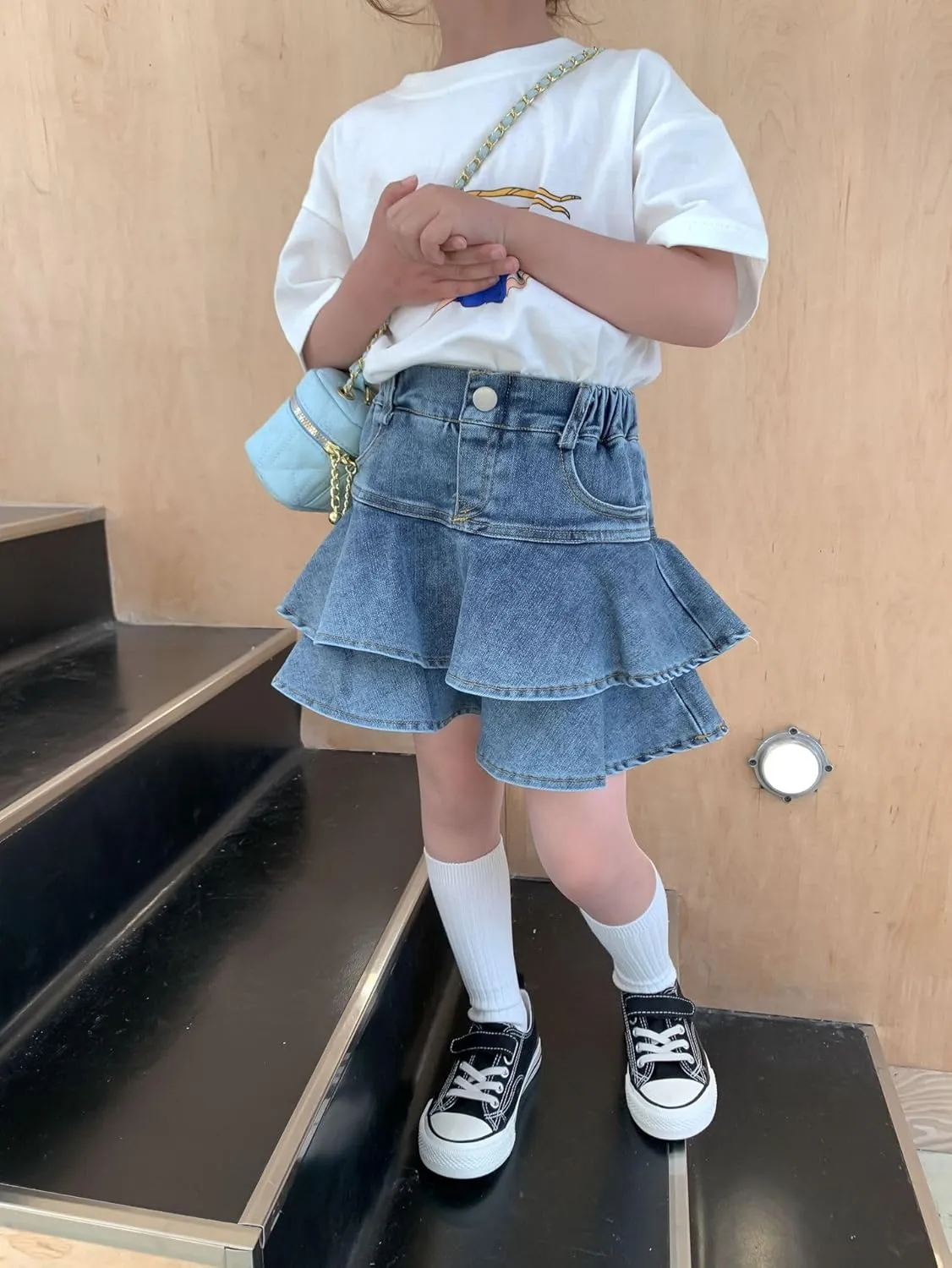 Flofallzique Little Girl's Denim Skirts Mini Flared Pleated Toddler Jean Skorts with Shorts Underneath