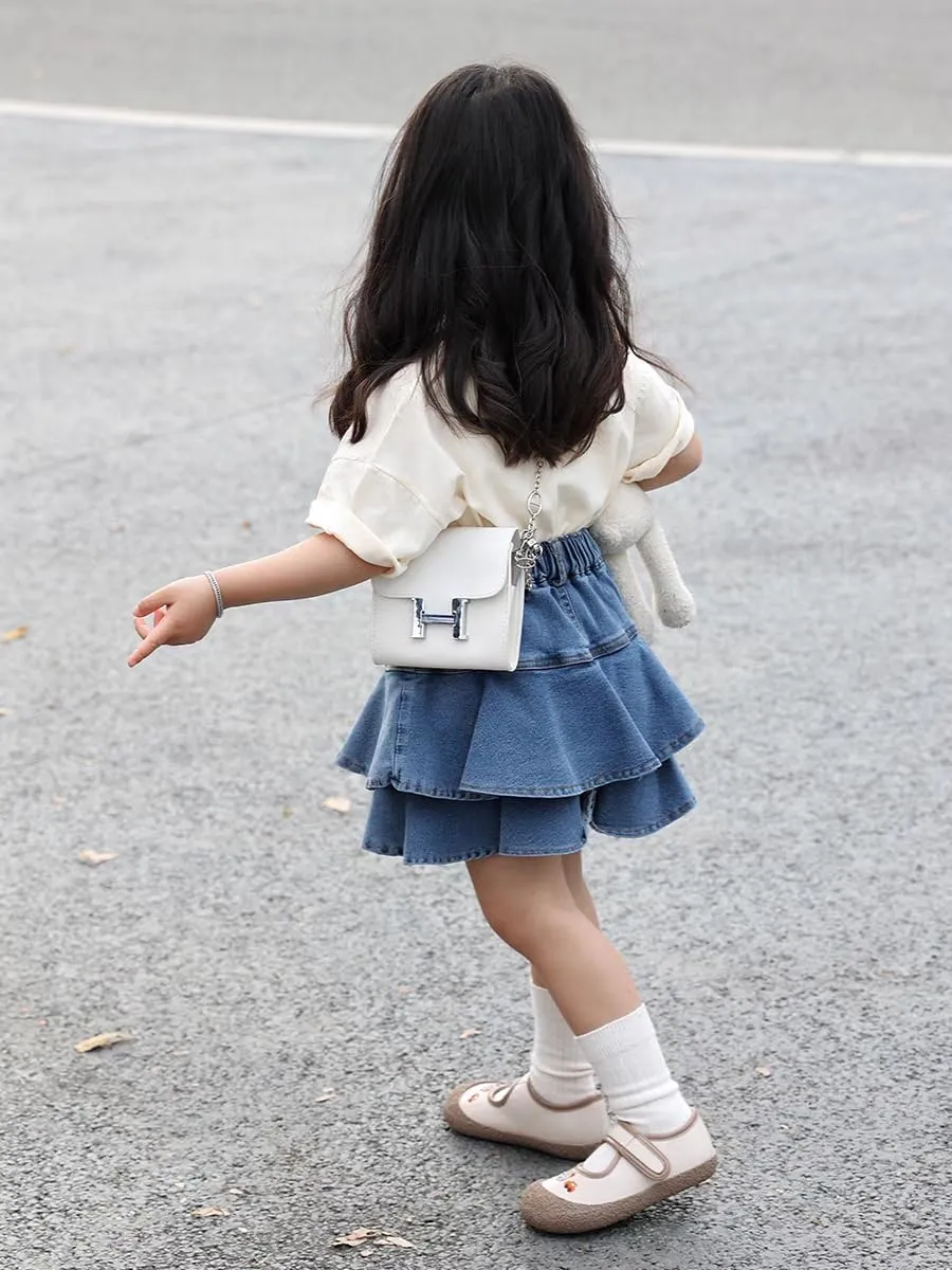 Flofallzique Little Girl's Denim Skirts Mini Flared Pleated Toddler Jean Skorts with Shorts Underneath