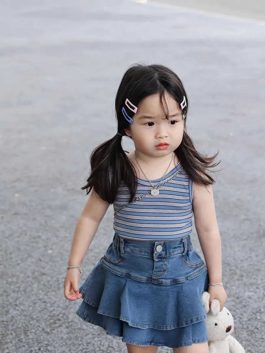Flofallzique Little Girl's Denim Skirts Mini Flared Pleated Toddler Jean Skorts with Shorts Underneath