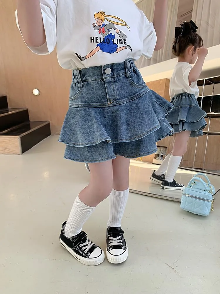 Flofallzique Little Girl's Denim Skirts Mini Flared Pleated Toddler Jean Skorts with Shorts Underneath
