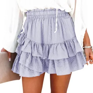 Flowy Shorts for Women Casual Boho Ruffle Tiered Skorts High Waist Mini Skirts Golf Tennis Textured Striped Shorts - Grey Purple S