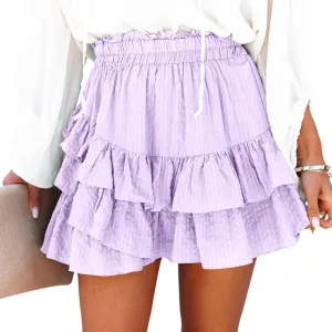 Flowy Shorts for Women Casual Boho Ruffle Tiered Skorts High Waist Mini Skirts Golf Tennis Textured Striped Shorts - Grey Purple XL