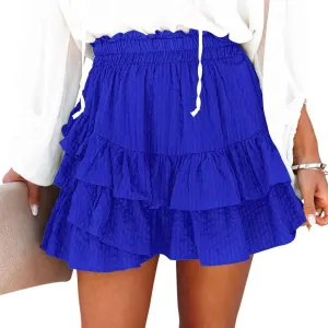 Flowy Shorts for Women Casual Boho Ruffle Tiered Skorts High Waist Mini Skirts Golf Tennis Textured Striped Shorts - Royal Blue XS