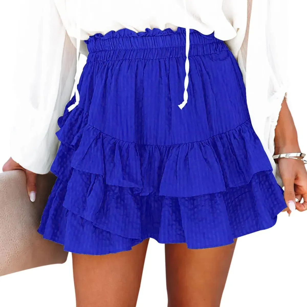Flowy Shorts for Women Casual Boho Ruffle Tiered Skorts High Waist Mini Skirts Golf Tennis Textured Striped Shorts - Royal Blue XS
