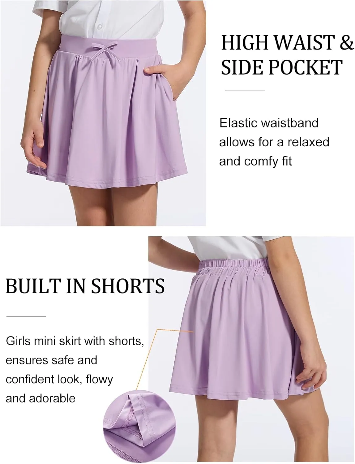 Flygo 2 Pack Girls Skirts Mini Skorts Pleated Flare High Waist Athletic Tennis Uniform Skirt Built in Shorts with Pockets