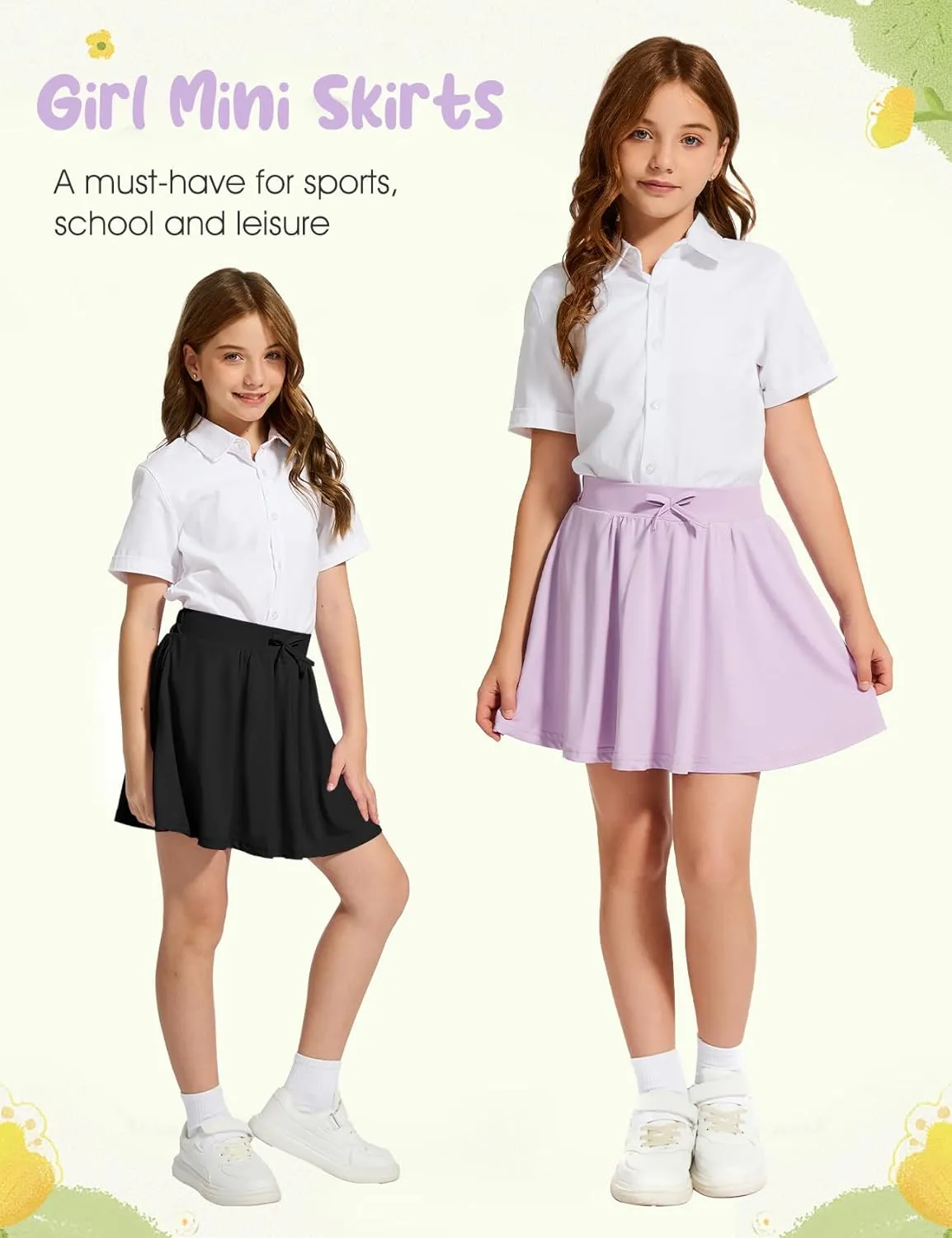 Flygo 2 Pack Girls Skirts Mini Skorts Pleated Flare High Waist Athletic Tennis Uniform Skirt Built in Shorts with Pockets
