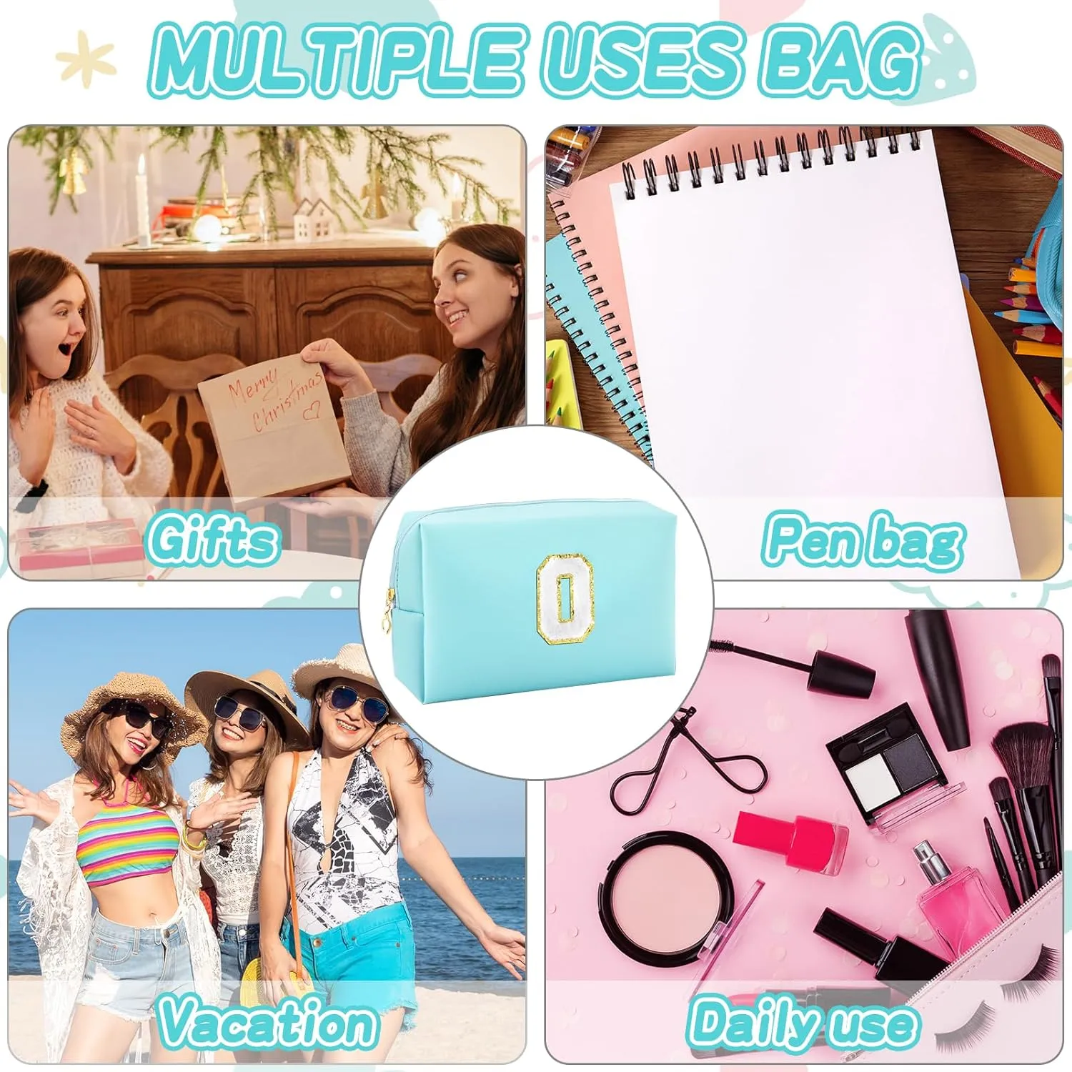 Gifts for Girls Initial Makeup Bag Personalized Cosmetic Bag with Zipper Cute Travel Toiletry Bag Waterproof PU Preppy Makeup Pouch Birthday Gift for Teen Girls Women(Blue O)