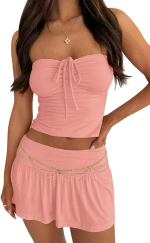 GOBLES Women's Sexy Off The Shoulder Ruched Tube Tie Knot Top With Skorts Bodycon 2 Piece Skirt Sets