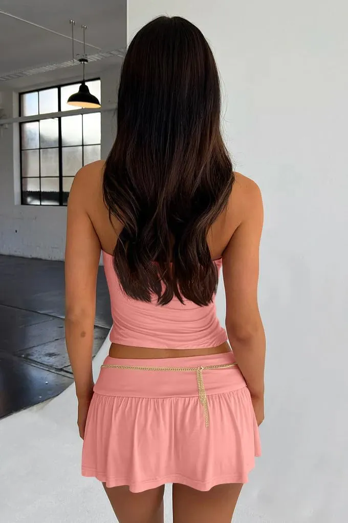 GOBLES Women's Sexy Off The Shoulder Ruched Tube Tie Knot Top With Skorts Bodycon 2 Piece Skirt Sets
