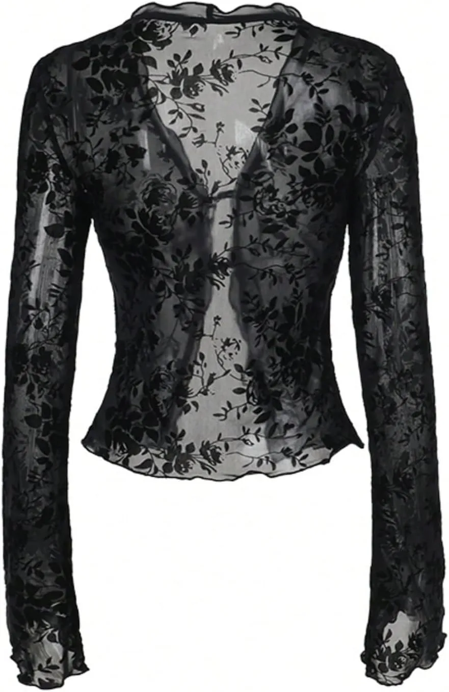 GORGLITTER Women's Tie Front Tops Sheer Mesh Bell Long Sleeve Ruffle Blouse Shirt Crop Top