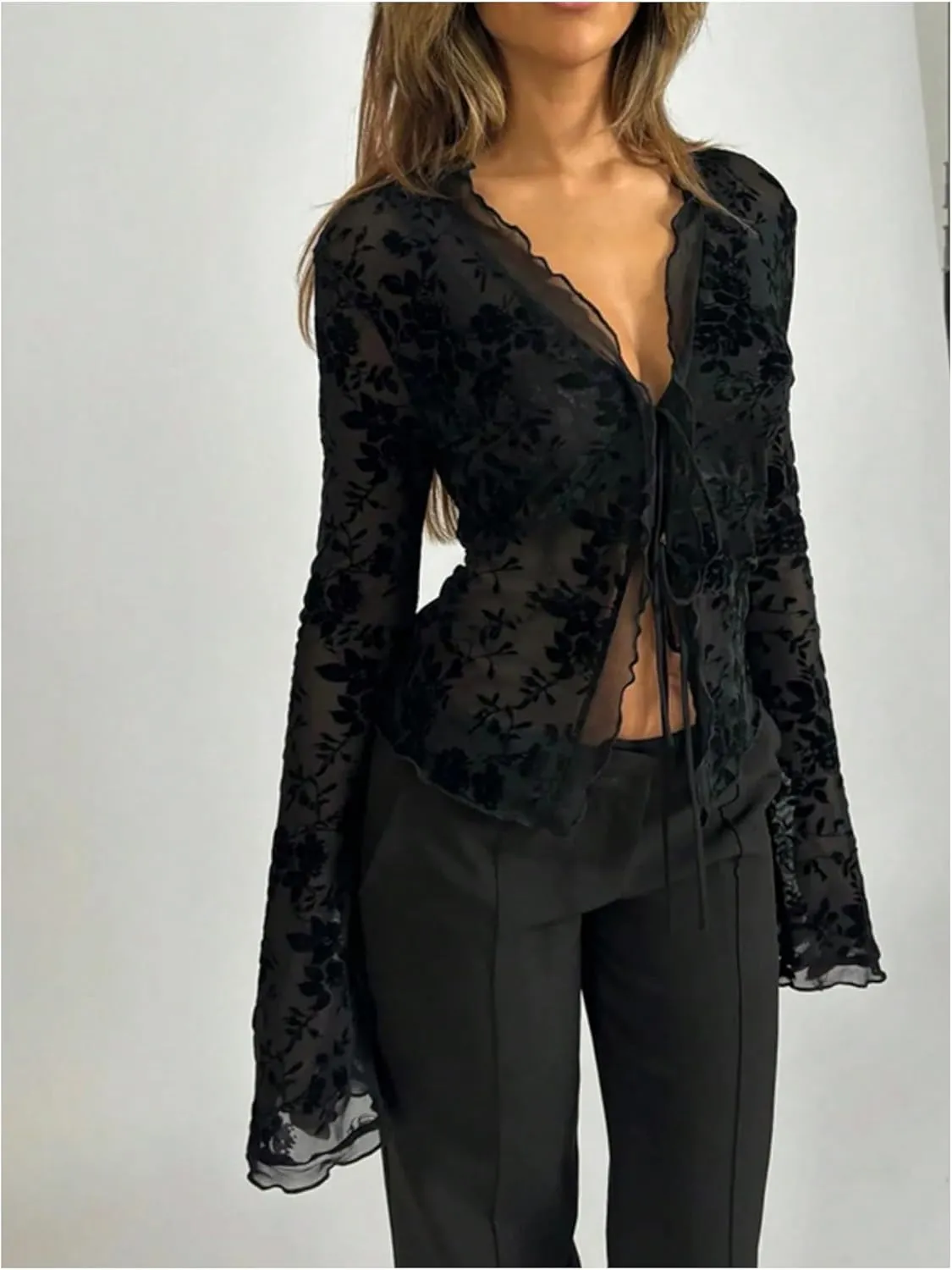 GORGLITTER Women's Tie Front Tops Sheer Mesh Bell Long Sleeve Ruffle Blouse Shirt Crop Top