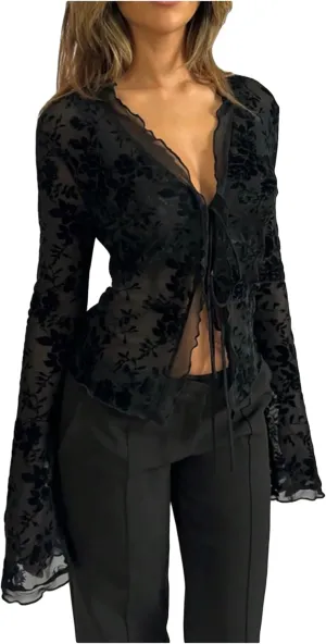GORGLITTER Women's Tie Front Tops Sheer Mesh Bell Long Sleeve Ruffle Blouse Shirt Crop Top