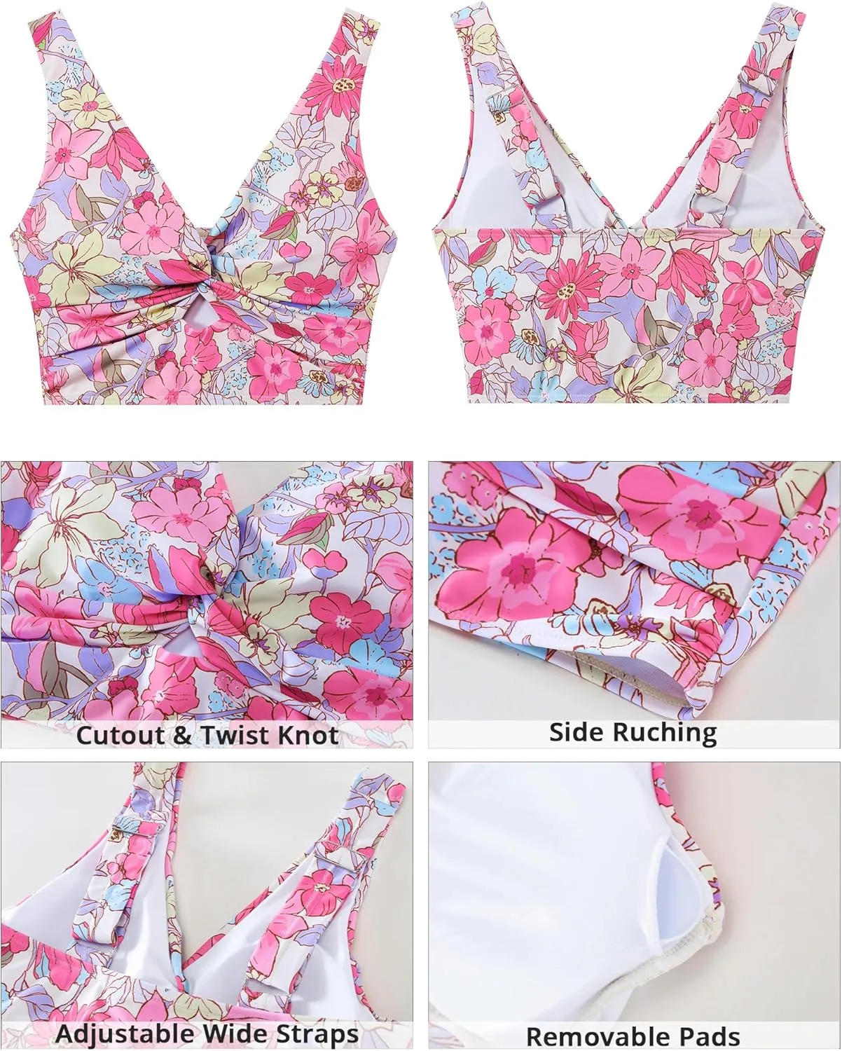 GRAPENT Bikini Tops for Women Cropped Tankini Tops Floral Printed Beach Padded Knot Twist Cut Out Bathing Suit Top Only