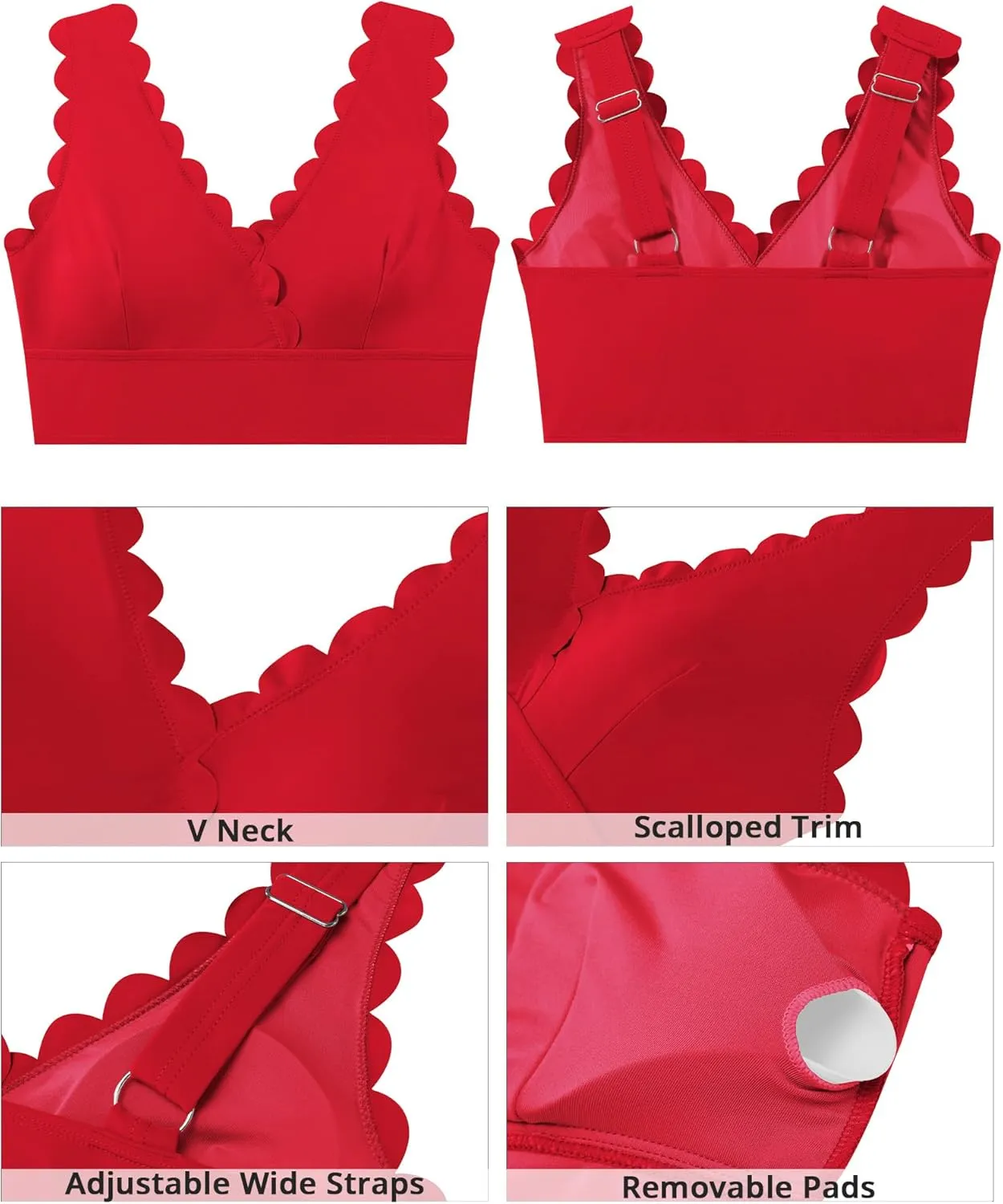 GRAPENT Bikini Tops for Women Scalloped Bathing Suit Beach Padded Adjustable Cropped Tankini Swimwear Swim Top Only