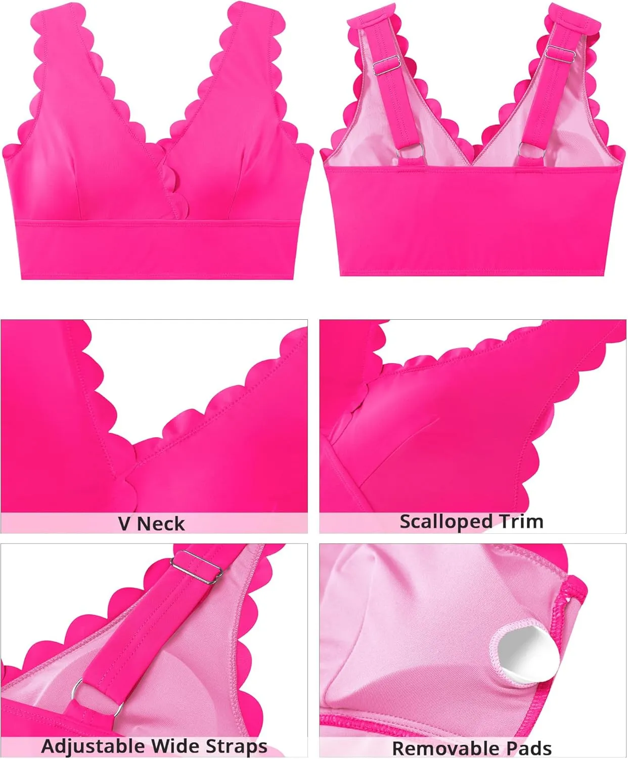 GRAPENT Bikini Tops for Women Scalloped Bathing Suit Beach Padded Adjustable Cropped Tankini Swimwear Swim Top Only