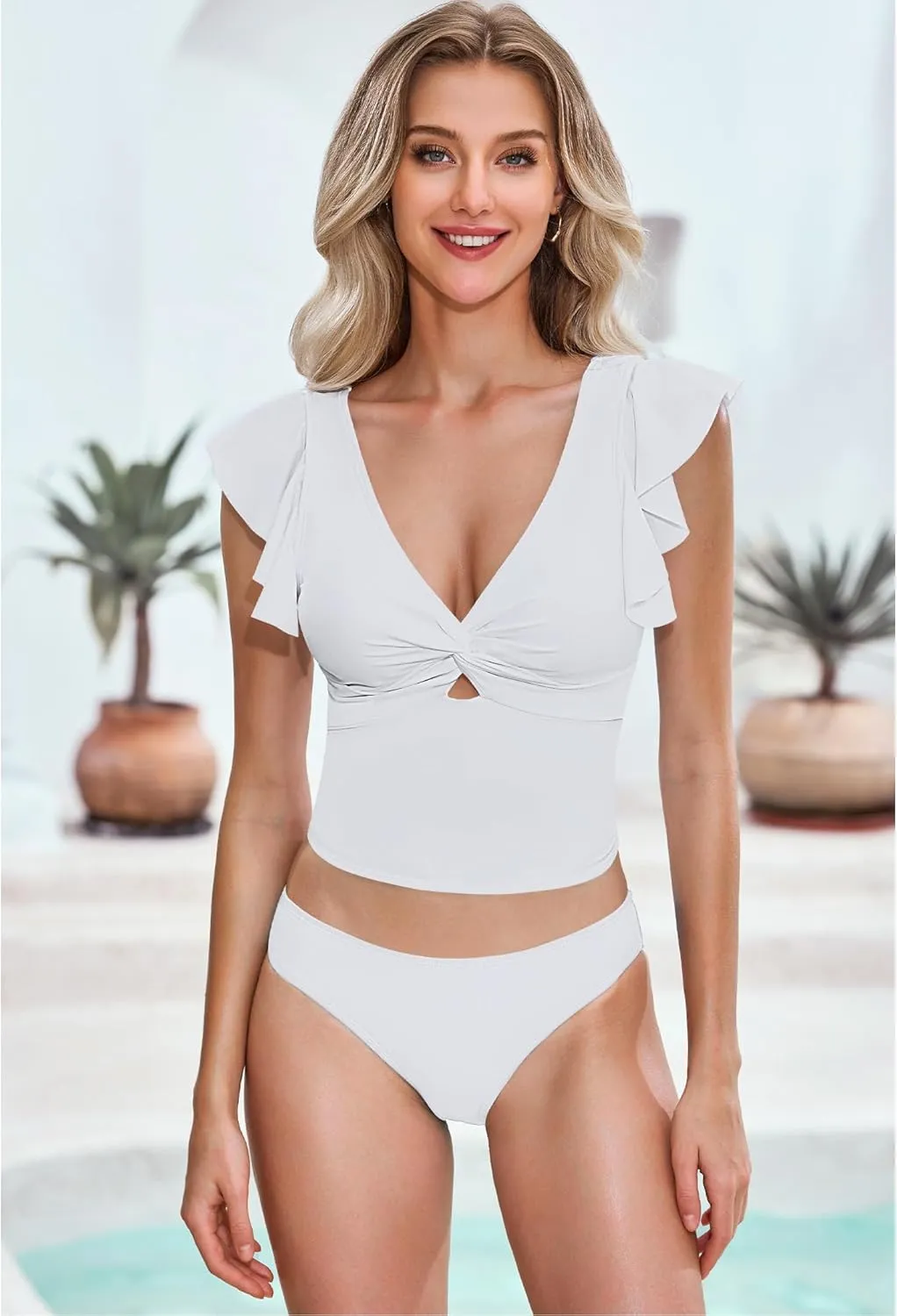 GRAPENT Tankini Tops for Women Swimwear Top Only Ruffle Bathing Suit Cut Out Long Bikini Tops Swimsuit Beach Resort Wear