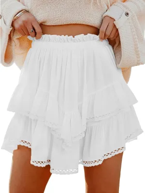 Halife Womens Mini Skorts High Waisted Summer Boho Crochet Ruffle Skirt with Shorts Underneath Trendy Flowy Mini Skirts