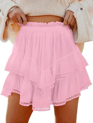 Halife Womens Mini Skorts High Waisted Summer Boho Crochet Ruffle Skirt with Shorts Underneath Trendy Flowy Mini Skirts