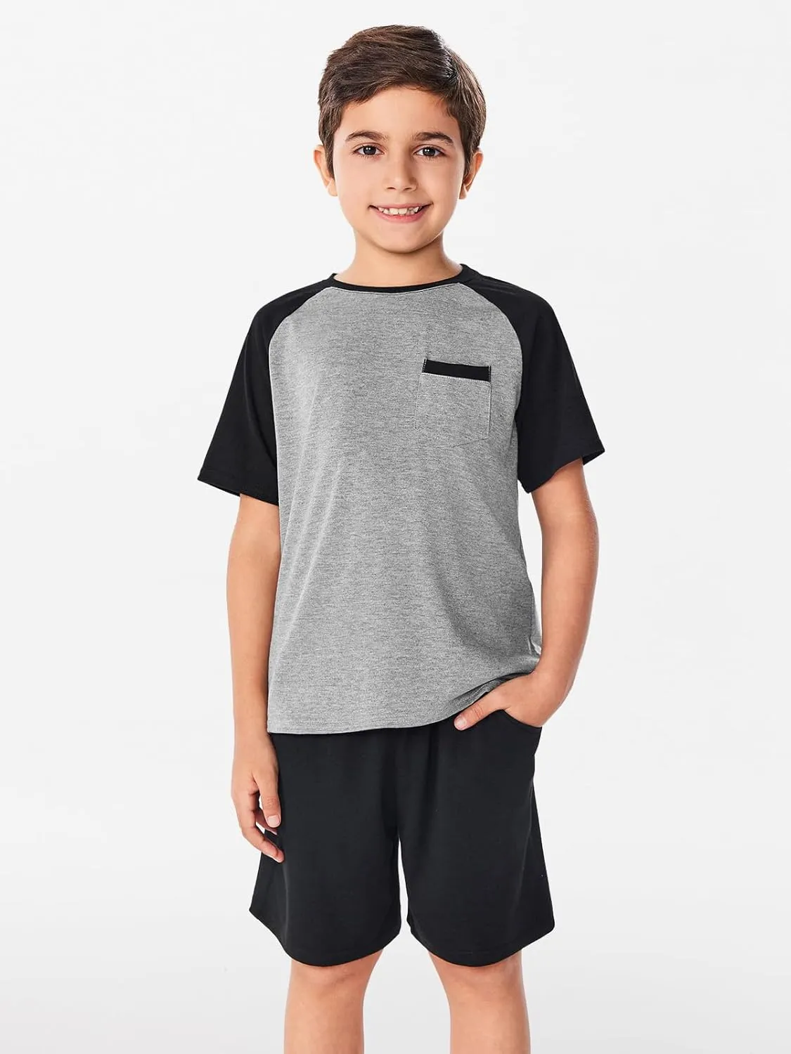 Haloumoning Boys Active Short Sets Short Sleeve Raglan T Shirt Tops and Shorts Kids 2 Piece Summer Outfits 4-14 Years