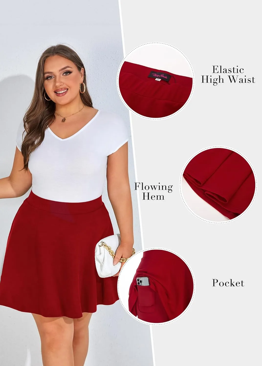 Hanna Nikole Women Plus Size Casual Mini Skater Skirt Elastic Lining High Waist Basic Flared Skorts Pleated with Pocket