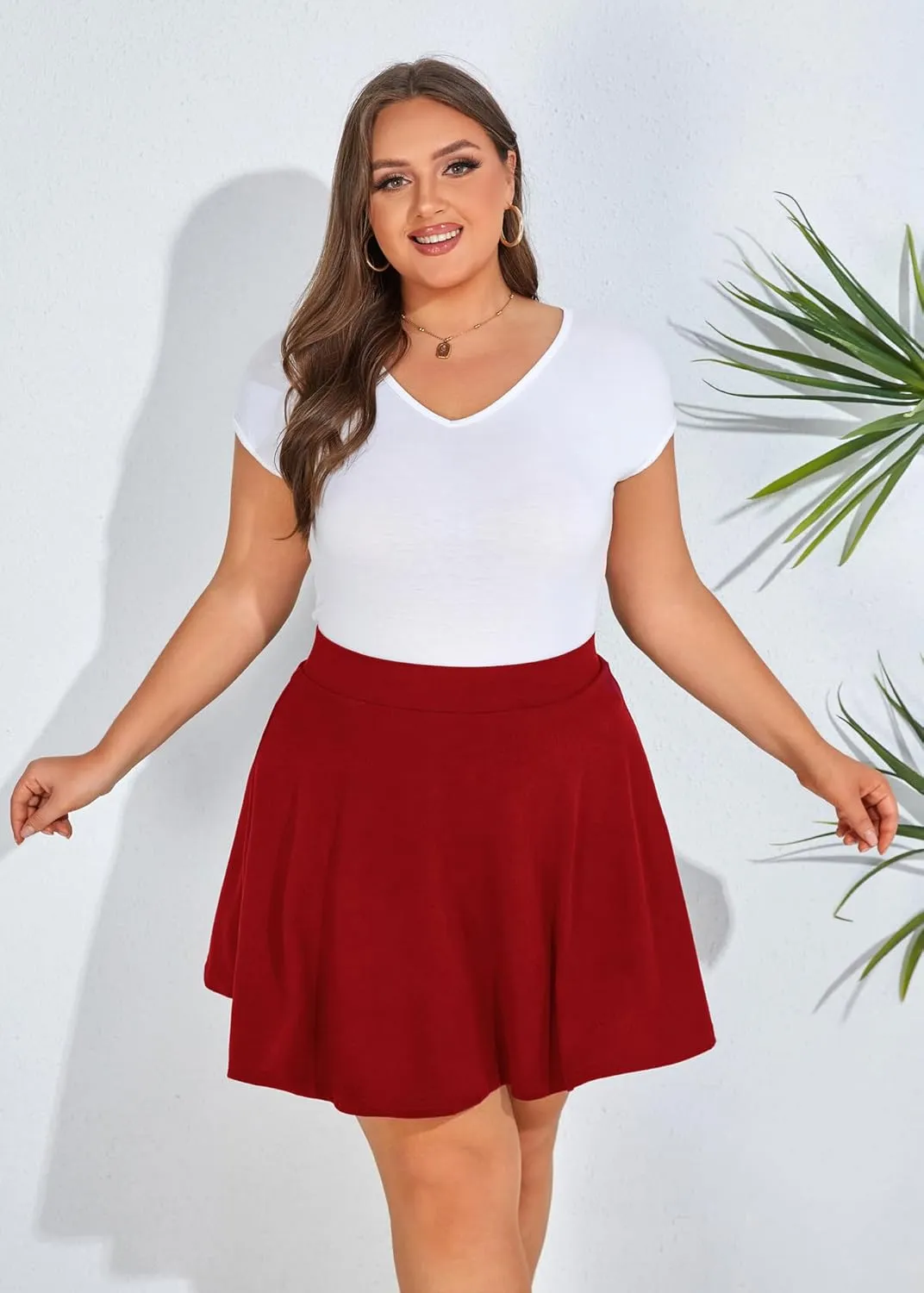 Hanna Nikole Women Plus Size Casual Mini Skater Skirt Elastic Lining High Waist Basic Flared Skorts Pleated with Pocket