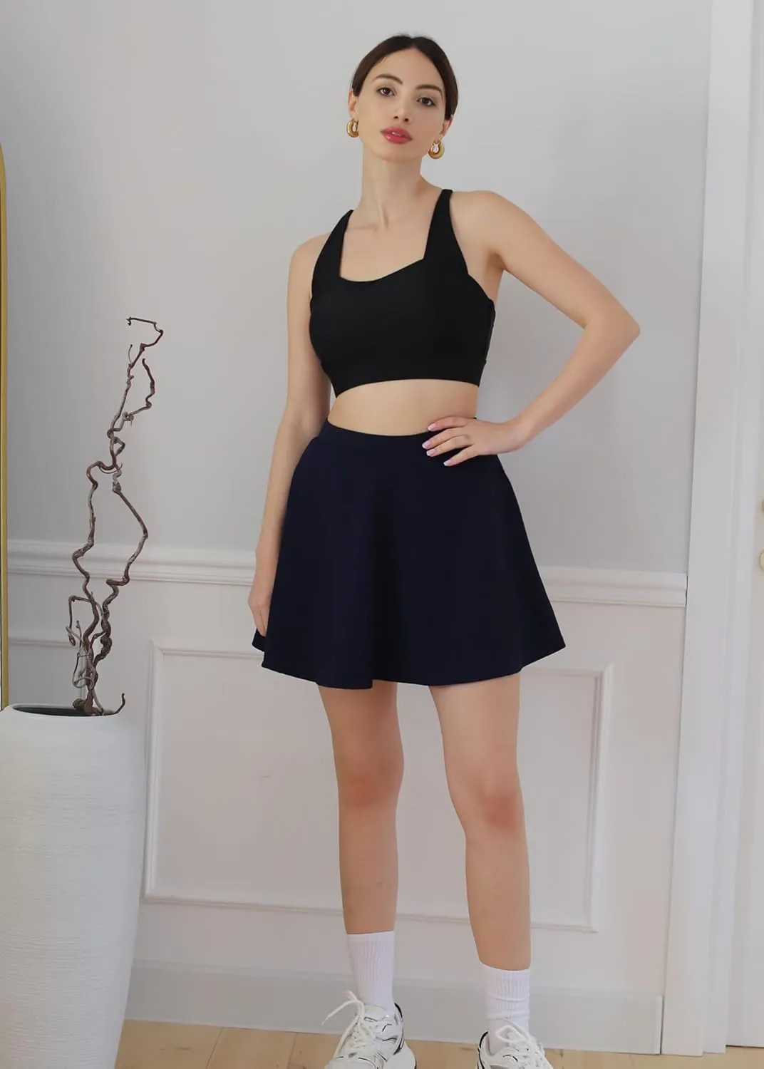 Hanna Nikole Women Plus Size Casual Mini Skater Skirt Elastic Lining High Waist Basic Flared Skorts Pleated with Pocket