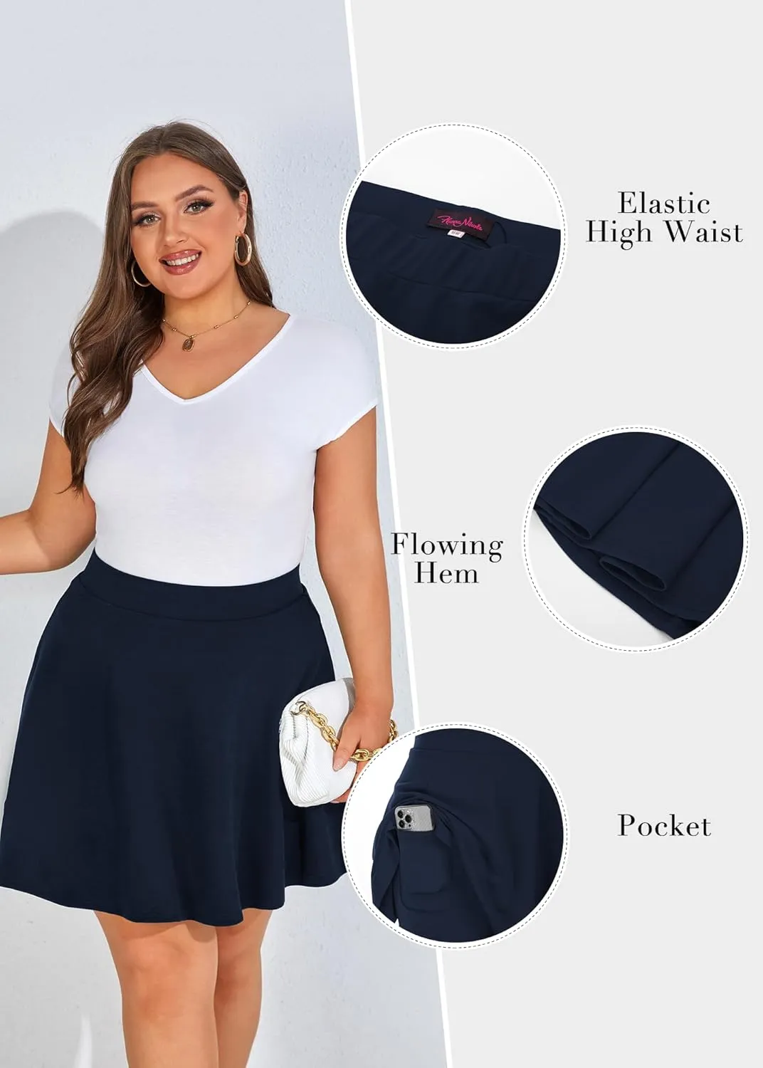 Hanna Nikole Women Plus Size Casual Mini Skater Skirt Elastic Lining High Waist Basic Flared Skorts Pleated with Pocket