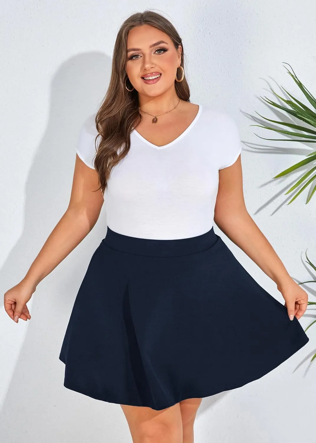 Hanna Nikole Women Plus Size Casual Mini Skater Skirt Elastic Lining High Waist Basic Flared Skorts Pleated with Pocket
