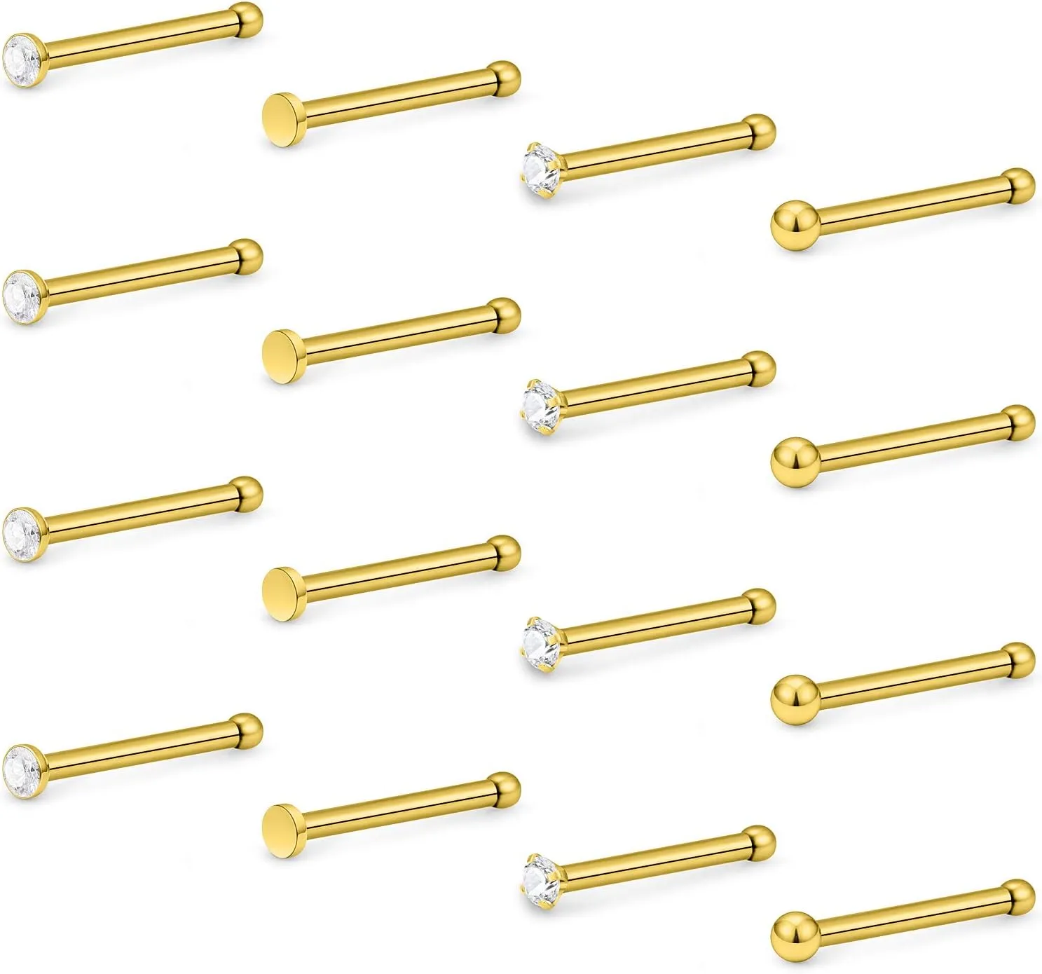 Hoeudjo Nose Studs Surgical Steel Cubic Zirconia Nose Rings Piercing Kit for Women Men Screw & Bone & L Shaped Nostril Rings Jewelry 20 Gauge 16 Pieces